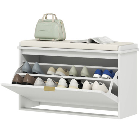 Banc à chaussures avec assise rembourrée, tiroir rabattable et étagère réglable pour entrée ou chambre, 80 x 26 x 47,5 cm, blanc