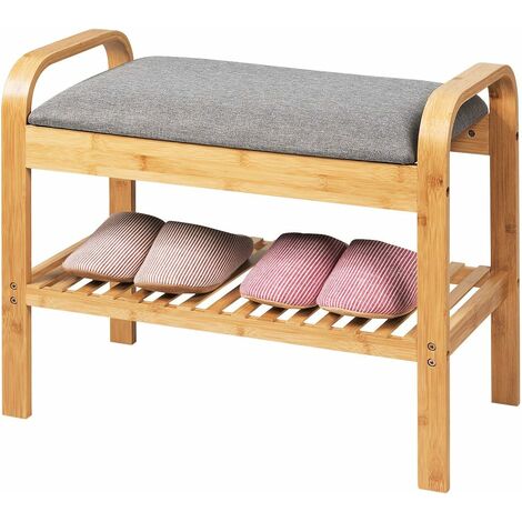 Banc à chaussures avec coussin d'assise rembourée souple en bambou 60 x 33 x 50 cm