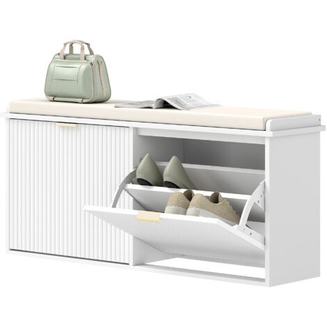 Banc à chaussures avec coussin d'assise rembourré et tiroir rabattable pour couloir, chambre, 104 x 26 x 47,5 cm, blanc