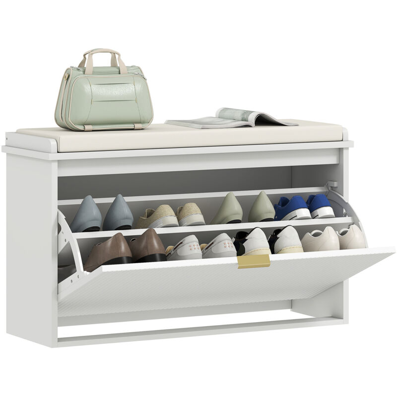 Banc à chaussures avec coussin d'assise rembourré et tiroir rabattable pour couloir, chambre, 80 x 26 x 47,5 cm, blanc-Blanc