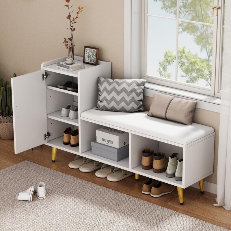 Banc à chaussures avec porte et espace de rangement, meuble à chaussures multi-compartiments avec banc rembourré, pour entrée, couloir, salon - Blanc