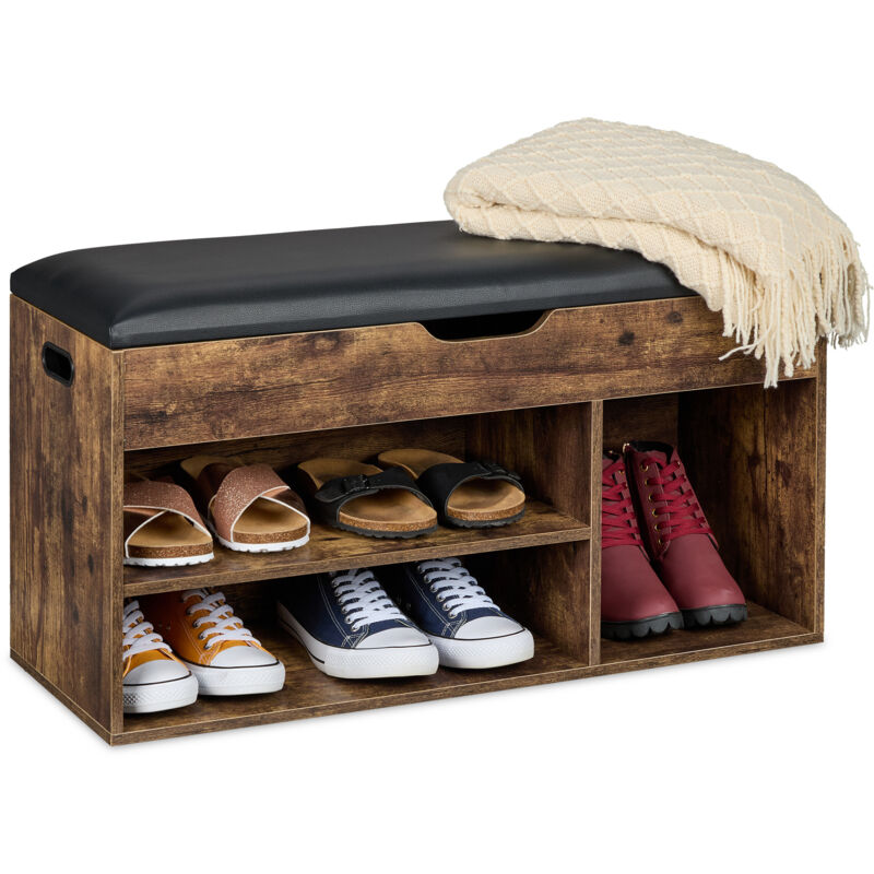 Relaxdays Banc à chaussures, 3 compartiments ouverts pour les souliers, design industriel, 46x80x30 cm, marron et noir