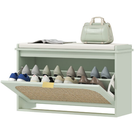Banc à chaussures, banc de rangement, assise rembourrée, tiroir rabattable, porte en rotin, 80 x 26 x 47,5 cm, vert