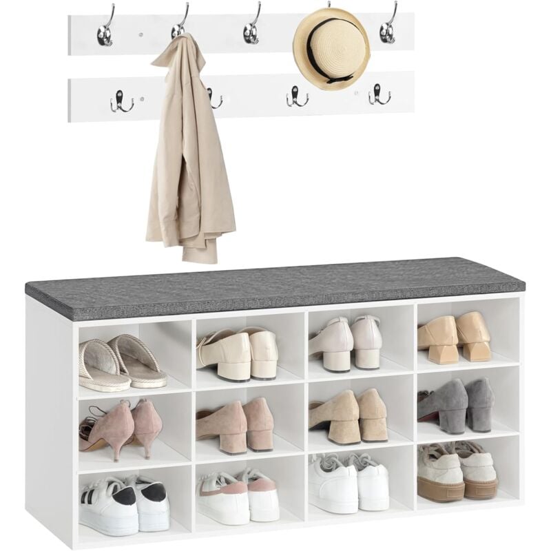 Banc à Chaussures, Banc de Rangement avec 12 Compartiments, Étagère à Chaussures, Porte-Manteau, 100 x 30 x 48 cm, Entrée, Couloir, Chambre Hoobro