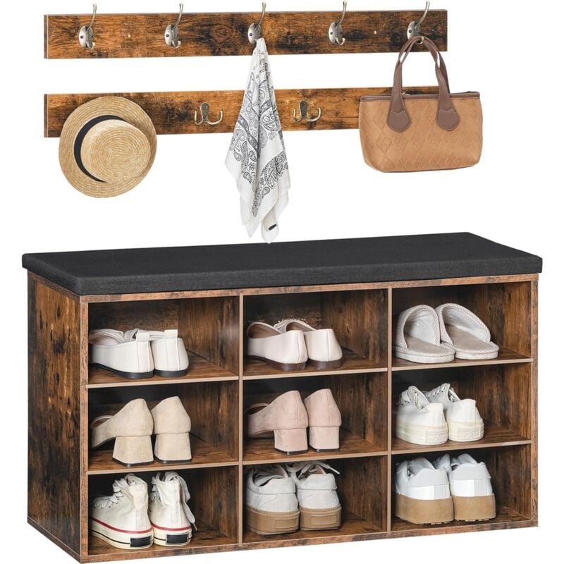 Banc à Chaussures, Banc de Rangement avec 9 Compartiments, Étagère à Chaussures, Porte-Manteau, 80 x 30 x 48 cm, Entrée, Couloir, Chambre Hoobro