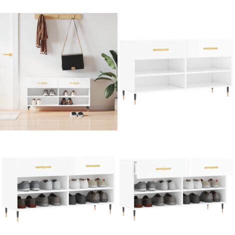 Banc à chaussures blanc brillant 102x35x55 cm bois d'ingénierie - Meuble Chaussure - Banc Chaussure - Rangemen Chaussures - Meuble Rangement - Rangement Entrée - Home & Living