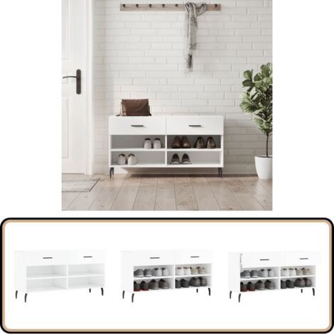 Banc à chaussures blanc brillant 102x35x55 cm bois d'ingénierie - Meuble Range Chaussure - Banc Chaussure - Rangement Chaussures - Meuble Entrée - Rangement Maison