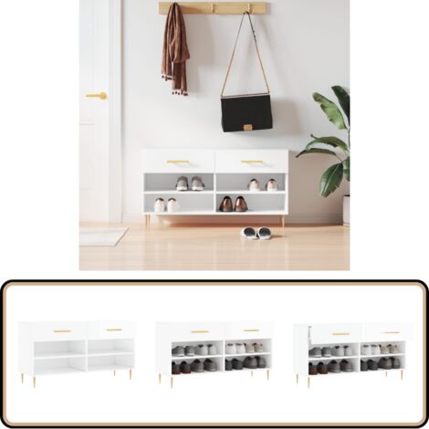 Banc à chaussures blanc brillant 102x35x55 cm bois d'ingénierie - Meuble Range Chaussure - Banc Chaussure - Rangement Chaussures - Meuble Entrée - Rangement Maison