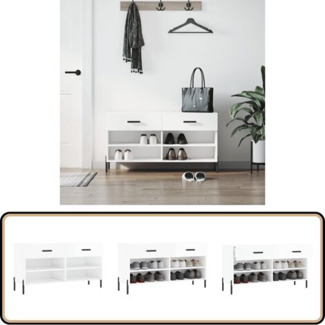 Banc à chaussures blanc brillant 102x35x55 cm bois d'ingénierie - Meuble Range Chaussure - Banc Chaussure - Rangement Chaussures - Meuble Entrée - Rangement Maison