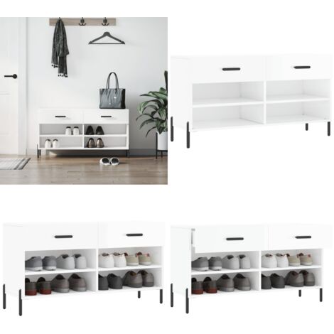 Banc à chaussures blanc brillant 102x35x55 cm bois d'ingénierie - Meuble Range Chaussure - Banc Chaussure - Rangement Chaussures - Meuble Entrée - Rangement Maison - Home & Living