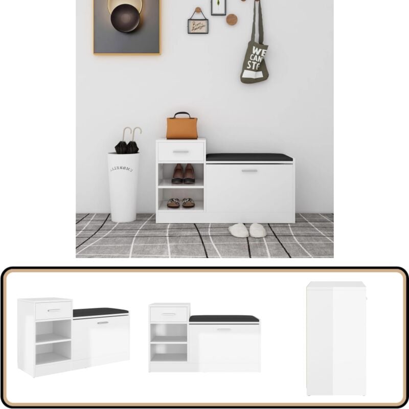Banc à chaussures Blanc brillant 94,5x31x57 cm Aggloméré - Armoire à Chaussures - Banc Chaussure - Meuble Entrée - Rangement Chaussures
