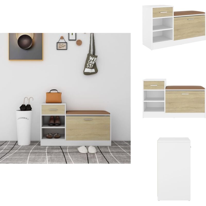 Banc à chaussures blanc et chêne sonoma bois d'ingénierie - Armoire à Chaussures - Banc Chaussure - Meuble Entrée - Rangement Chaussures