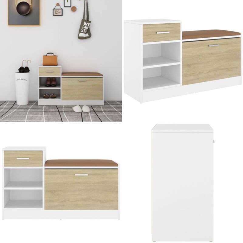 Banc à chaussures blanc et chêne sonoma bois d'ingénierie - Armoire à Chaussures - Banc Chaussure - Meuble Entrée - Rangement Chaussures