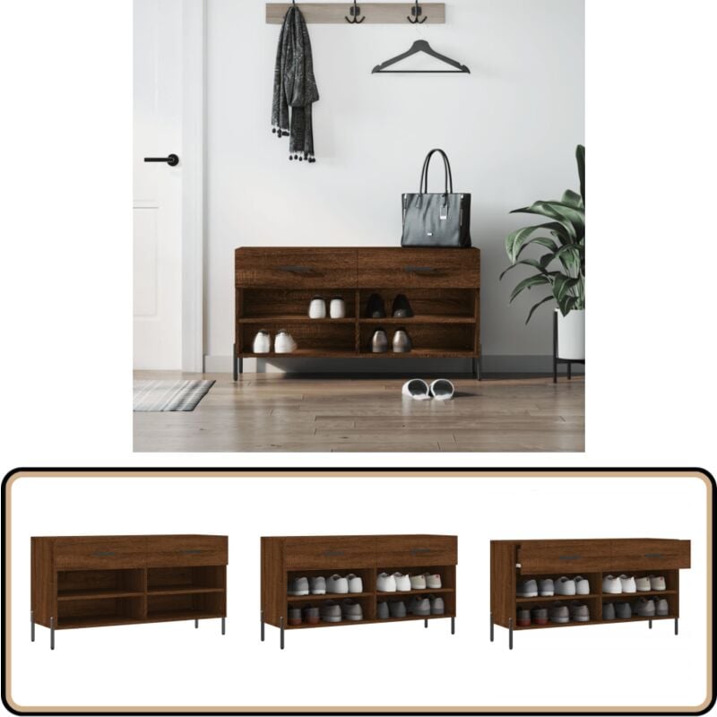 Banc à chaussures chêne marron 102x35x55 cm bois d'ingénierie - Meuble Range Chaussure - Banc Rangement Chaussures - Meuble Entrée - Rangement Maison