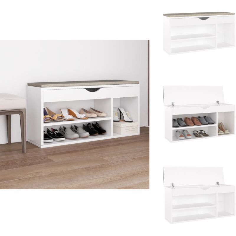 Banc à chaussures coussin Blanc 104x30x49 cm Bois d'ingénierie - Banc à Chaussures - Meuble Chaussure - Rangements Chaussures - Rangement Intérieur