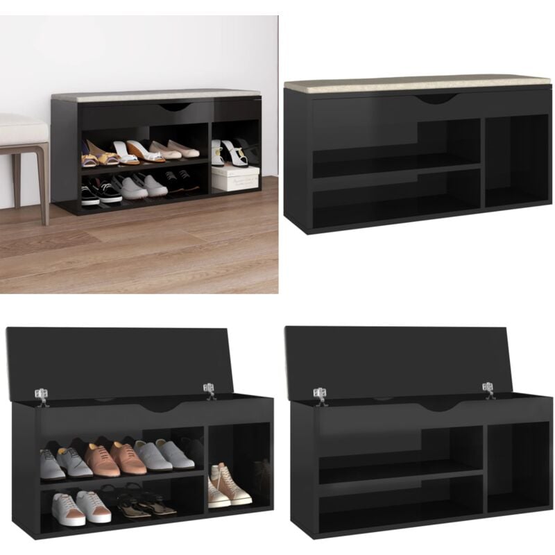 Banc à chaussures coussin Noir brillant Bois d'ingénierie - Banc Chaussure - Meuble Entrée - Rangement Chaussures - Banc Avec Coussin - Organiseur