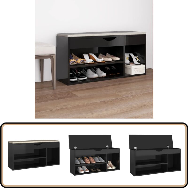 Banc à chaussures coussin Noir brillant Bois d'ingénierie - Banc Chaussure - Meuble Entrée - Rangement Chaussures - Banc Avec Coussin - Organiseur