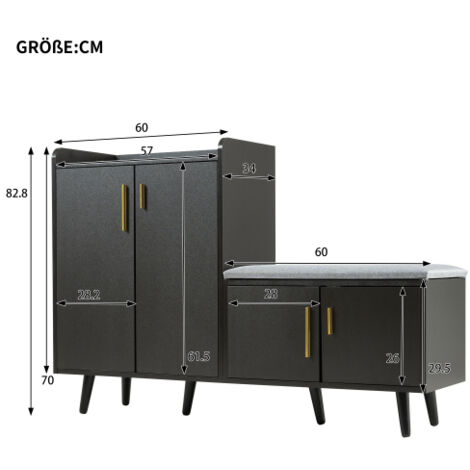 Banc à chaussures design en finition noyer noir, meuble de rangement avec 4 portes et poignées métalliques asymétriques, structure robuste élégant pour l'entrée