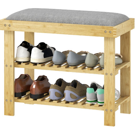 Banc à chaussures en bambou avec coussin, étagère à chaussures à 2 niveaux pour entrée ou chambre, 60 x 29 x 49 cm, gris