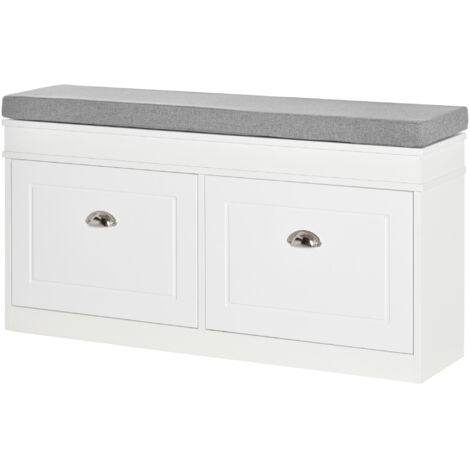 Banc à chaussures en bois gain de place avec coussin, 2 tiroirs et étagère réglable pour 8 paires de chaussures, 104 x 24 x 55 cm, blanc