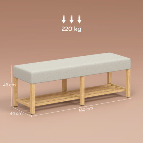 Banc à chaussures en bois massif de 140 cm, banc d'entrée moderne avec assise rembourrée pour deux personnes, bois naturel et blanc crème