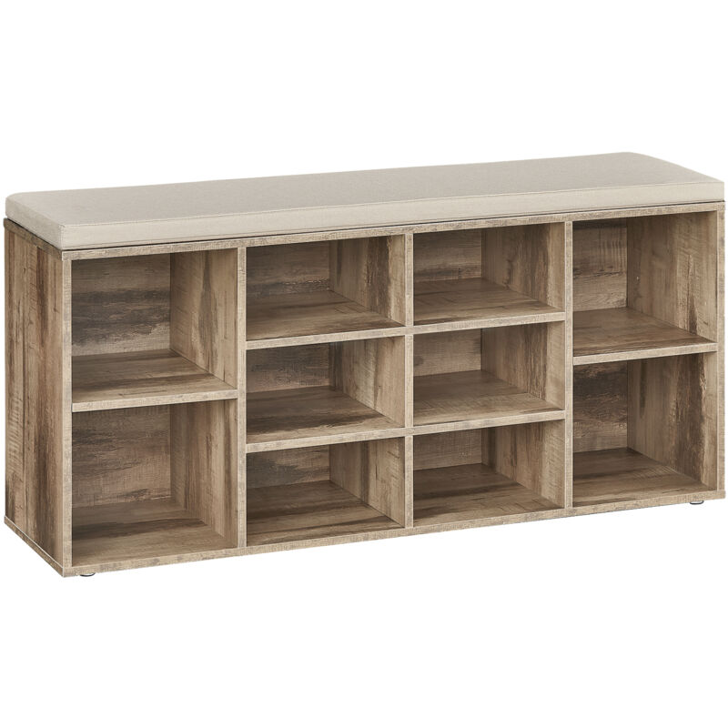 Vasagle - Banc à Chaussures, Banc de Rangement avec Coussin Rembourré, 10 Compartiments, Étagères Réglables, pour Salon, Couloir, 30 x 104 x 48 cm,