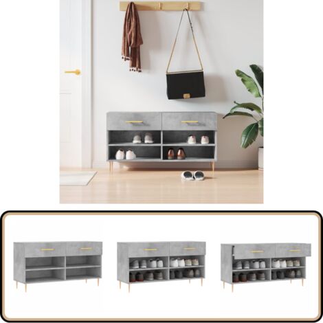 Banc à chaussures gris béton 102x35x55 cm bois d'ingénierie - Meuble Range Chaussure - Banc Chaussure - Rangement Chaussures - Meuble Entrée - Rangement Maison