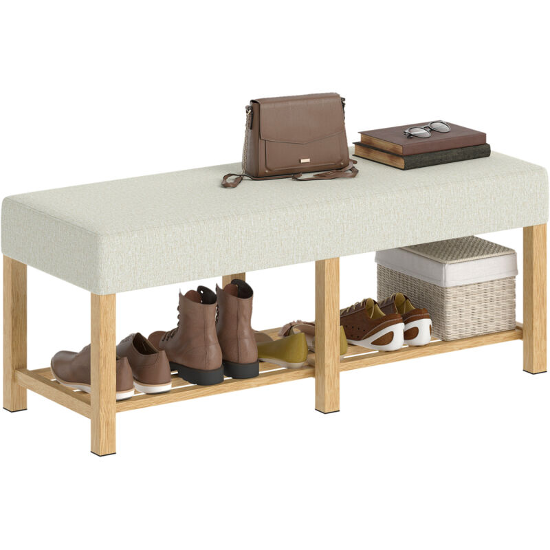 Banc à chaussures - HOMCOM - siège rembourré 2 places - étagère ouverte - bois hévéa - 120x44x48cm - naturel et beige