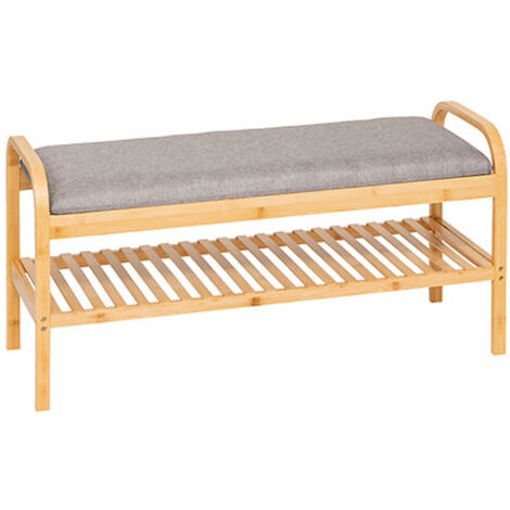 Banc à chaussures, meuble à chaussures en bois coloris naturel et coussin polyester -  Longueur 90  x Profondeur 34 x Hauteur 45 cm