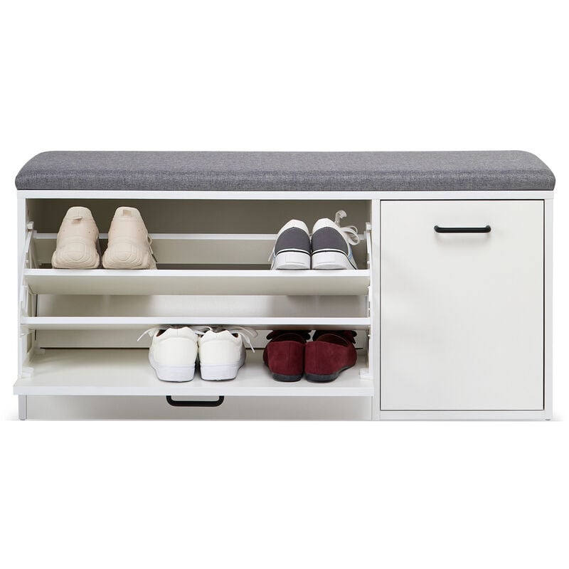 Meerveil - Banc à Chaussures-Meuble de Rangement pour Chaussures, Coussin Rembourré, en Bois, Pour Entrée, Couloir, Blanc-Mondeer