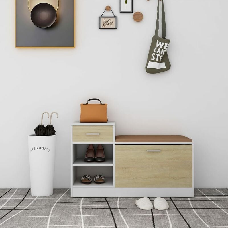 Banc à chaussures, Meuble d'entrée, Banc de Rangement Chêne et blanc So94,5x31x57 cm Aggloméré NKK10739