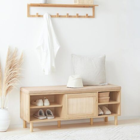 SOBUY Banc à Chaussures, Meuble d’Entrée, Meuble Chaussures Banc de Rangement Chaussures Banc de Rangement avec Coussin Rembourré, Étagères et 2 Portes Coulissantes, 121x35x49 cm, FSR163-N