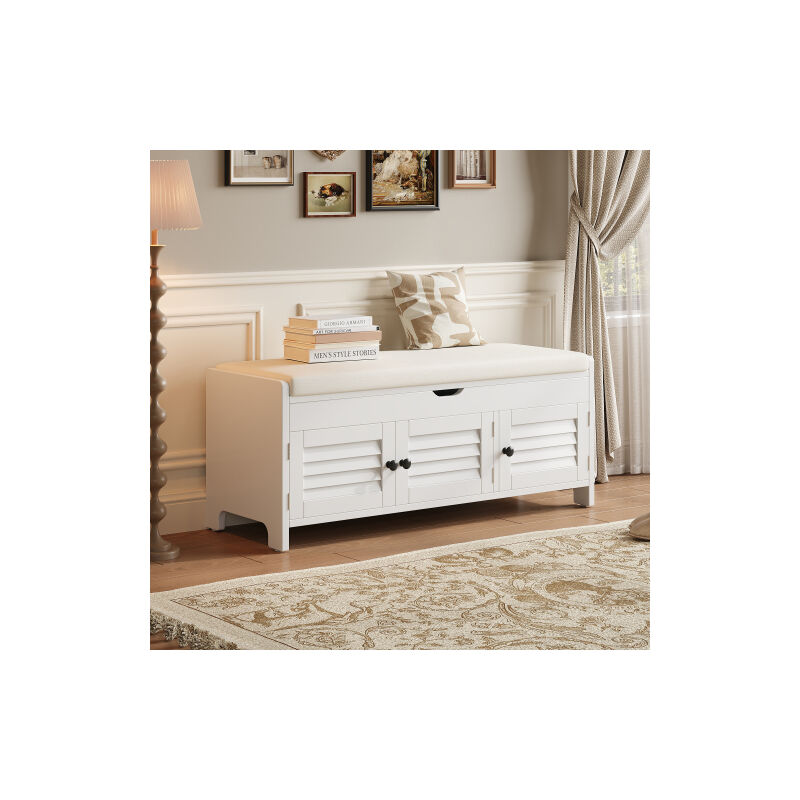 Banc à chaussures moderne avec assise, étagère à chaussures avec banc, commode à sièges avec trois portes à persiennes et espace de rangement caché