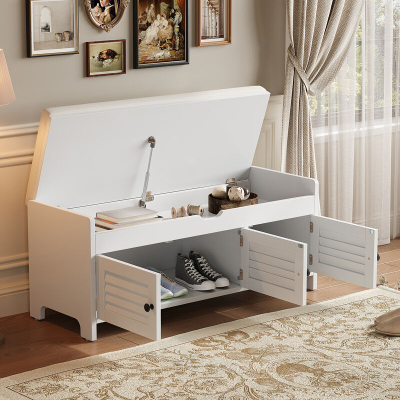 Banc à chaussures moderne avec siège, étagère à chaussures, commode hydrauliques avec trois portes à persiennes, Blanc