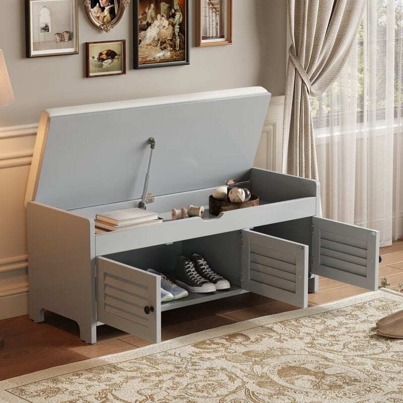 Banc à chaussures moderne avec siège, étagère à chaussures, commode hydrauliques avec trois portes à persiennes, gris
