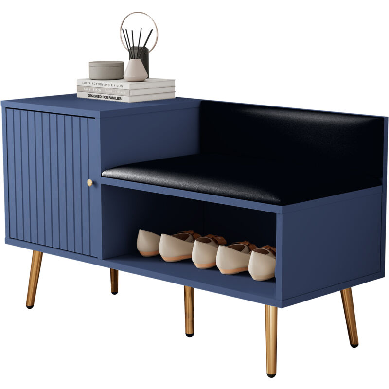 Okwish - Meuble à chaussures bleue, banc et dossier rembourrés avec espace de rangement, poignées et pieds en métal, 100x38x58 cm