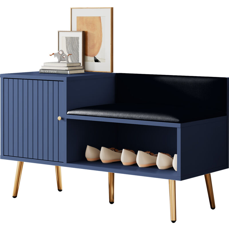 Coffre à chaussures moderne et luxueux de couleur bleue avec espace de rangement, banc et dossier rembourrés - Étagère à chaussures avec poignées et