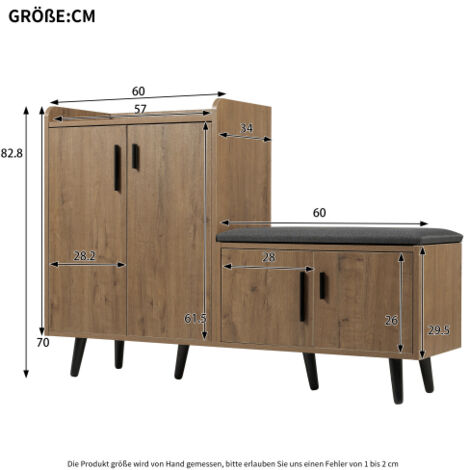 Banc à chaussures moderne en imitation bois, meuble à chaussures avec 4 portes de rangement et poignées métalliques asymétriques, pratique et esthétique pour couloir