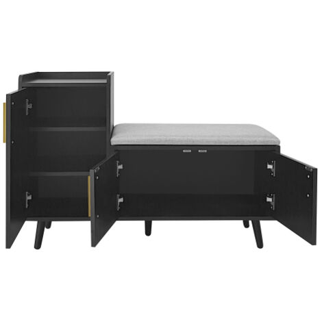 Banc à chaussures multifonction en panneau de bois avec 3 portes de rangement et poignées métalliques asymétriques, plusieurs niveaux de rangement stable et pratique pour couloir