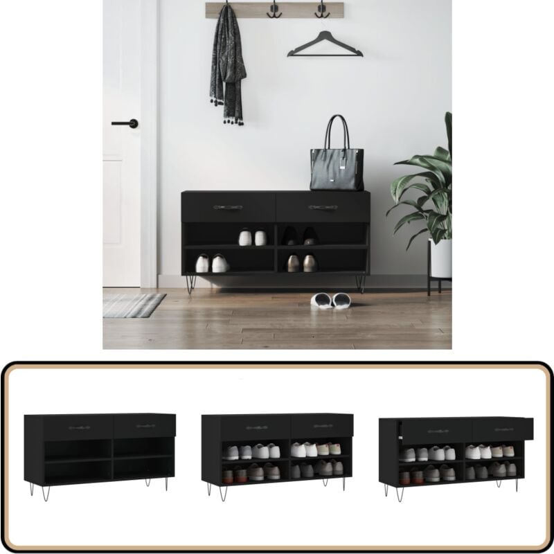 Banc à chaussures noir 102x35x55 cm bois d'ingénierie - Meuble À Chaussures - Banc Chaussure - Rangements Chaussures - Rangement Entrée - Meuble