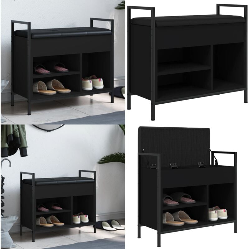 Banc à chaussures noir 65,5x32x57,5 cm bois d'ingénierie - Banc Chaussure - Banc Entrée - Rangement Chaussures - Meuble Hall - Banc Coffre - Home &