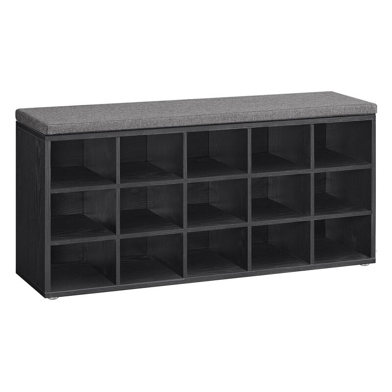 Banc à Chaussures, Organiseur de Chaussures avec 15 Compartiments, Siège Rembourré, pour Entrée, Couloir, Placard, Noir Boisé et Gris Ardoise