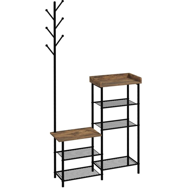 Vestiaire d'entrée banc porte-manteaux avec étagère à chaussures style industriel acier noir aspect bois