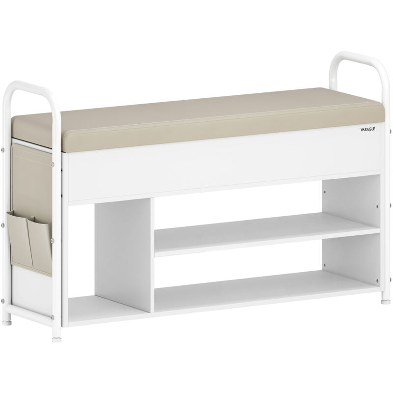 Vasagle - Banc à Chaussures, Rangement sous le Couvercle, Pochettes en pu, Poignées, Longueur 100,6 cm, Blanc Nuage et Beige Cappuccino
