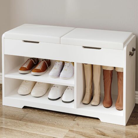 Banc à chaussures rembourré 80 cm – Meuble de rangement blanc avec 2 étagères – Capacité 150 kg – Design moderne et bords incurvés