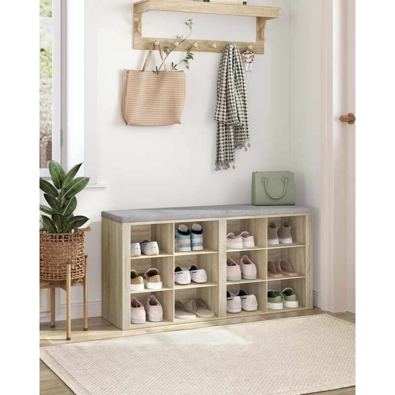 Banc à Chaussures, Support à Chaussures avec Siège, Banc avec Rangement, Coussin, 12 Compartiments, pour Salon, Couloir, Chambre, Ivoire Clair