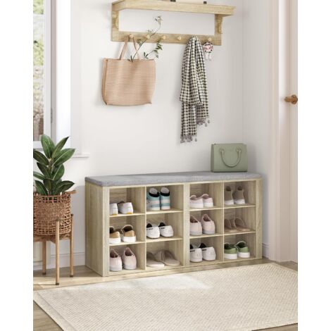 Banc à Chaussures, Support à Chaussures avec Siège, Banc avec Rangement, Coussin, 12 Compartiments, pour Salon, Couloir, Chambre, Ivoire Clair