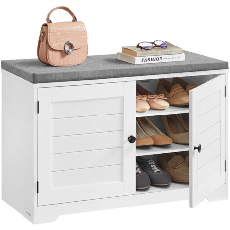 Banc à Chaussures sur 3 Niveaux, Banc de Rangement, avec Portes et Coussin, Étagères Réglables, 35,5 x 81 x 52,5 cm, pour Entrée, Chambre, Blanc Nuage et Gris Tourterelle