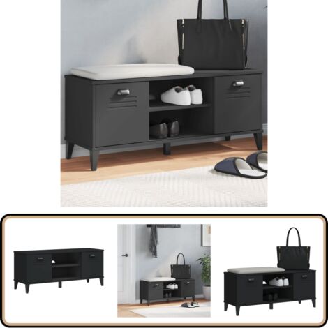 Banc à chaussures VIKEN noir 106x35x45 cm bois massif de pin - Meuble Entrée - Meuble Chaussure - Rangement Chaussures - Banc À Chaussures - Banc Rangement