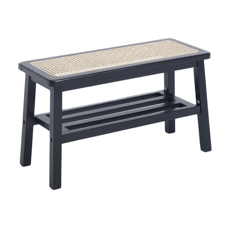 Banc à Entrée Moderne et Rétro Banc à Chaussures Banc de Rangement Banc avec Étagère de Rangement Banc Bois et Rotin pour Salon et Entrée, Noir